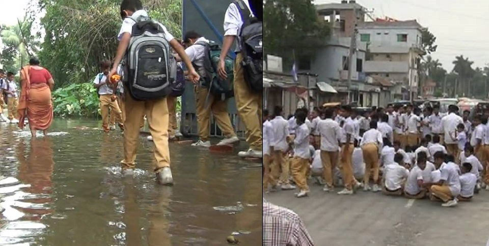 বিদ্যালয়ের গেট-মাঠে জলবদ্ধতা, বিক্ষোভে শিক্ষার্থীদের মহাসড়ক অবরোধ