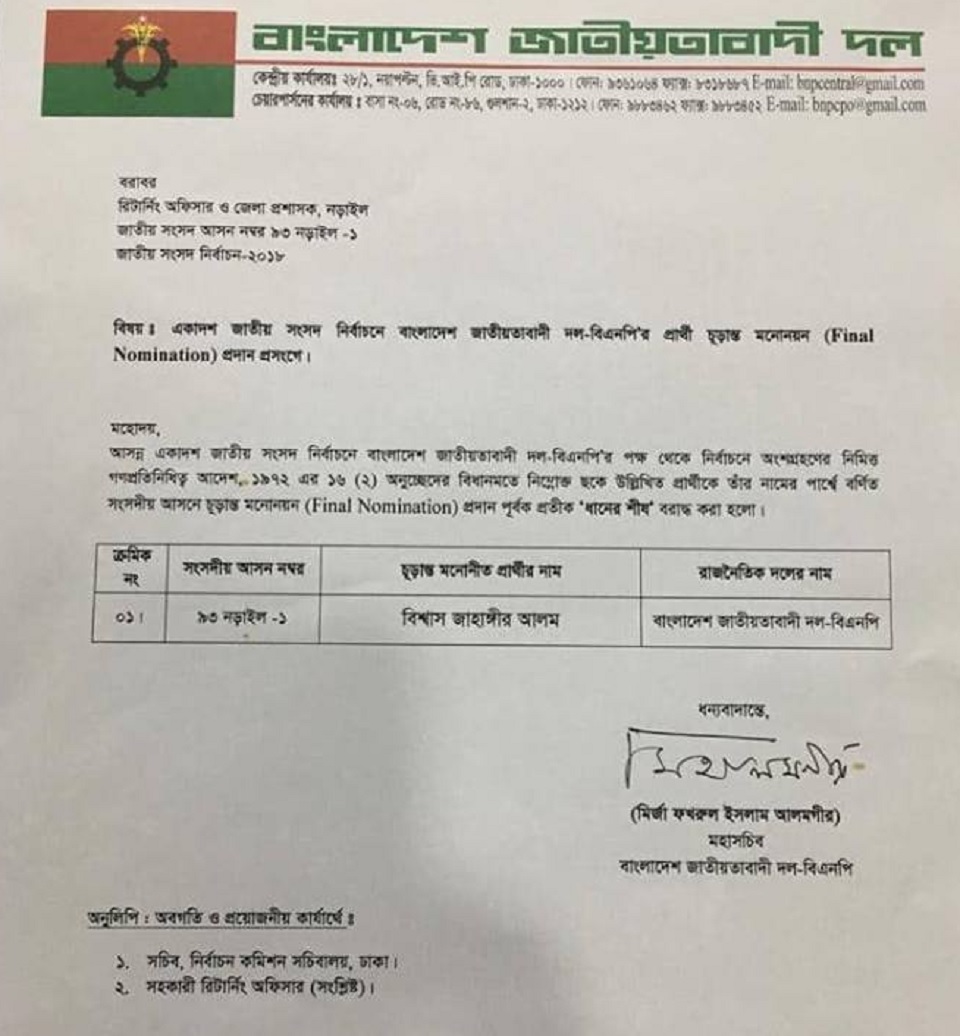 নড়াইল-১ আসনে বিএনপি’র প্রার্থী পরিবর্তন