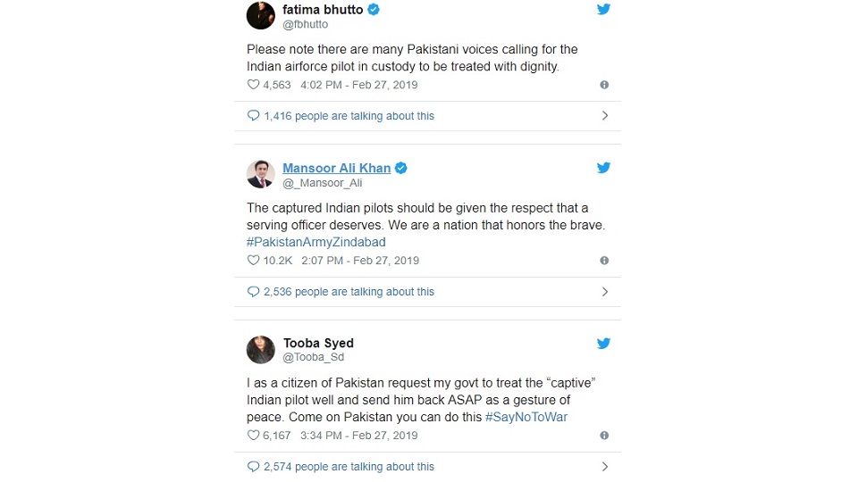 আটক ভারতীয় পাইলটদের সম্মানের সাথে ফেরত পাঠানোর আহ্বান পাকিস্তানিদের