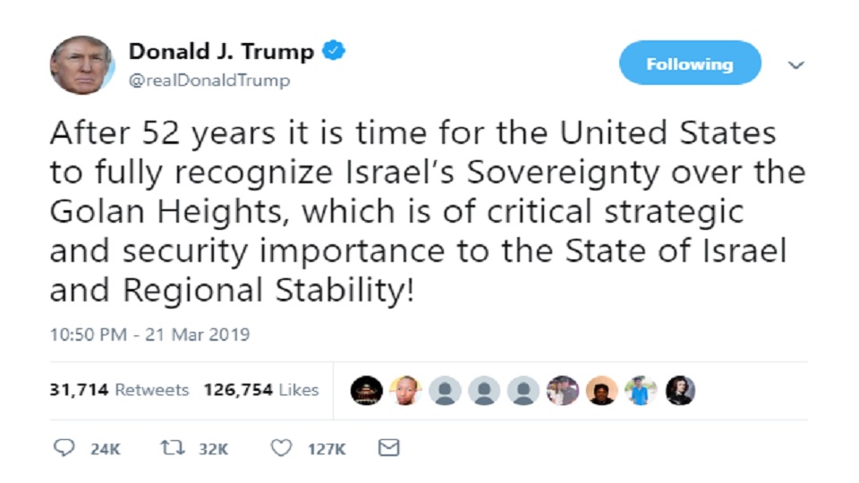 দখলকৃত গোলান মালভূমির উপর ইসরাইলকে ট্রাম্পের স্বীকৃতি