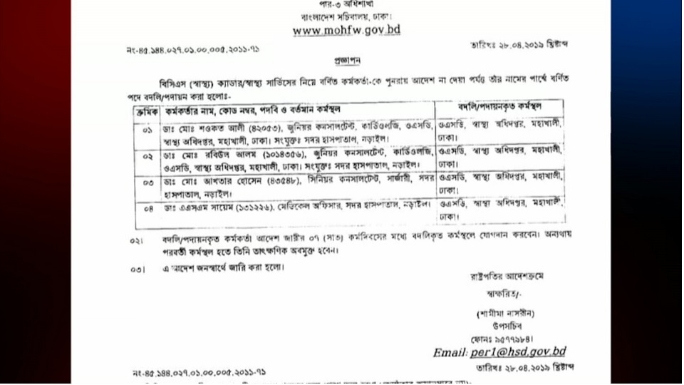 মাশরাফি অভিযোগের প্রেক্ষিতে চার চিকিৎসককে ওএসডি