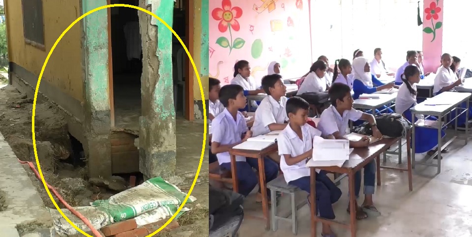 দেবে গেছে স্কুল ভবন, ক্ষয়ে আছে খুঁটি, তবু চলছে ক্লাস
