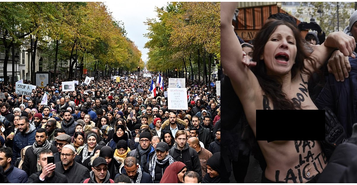 ফ্রান্সে ইসলামবিদ্বেষের বিরুদ্ধে বিশাল সমাবেশ, যোগ দিলেন টপলেস নারীবাদী কর্মীও