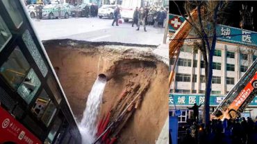 হঠাৎই সড়ক ধসে গর্তে ঢুকে গেলো বাস!