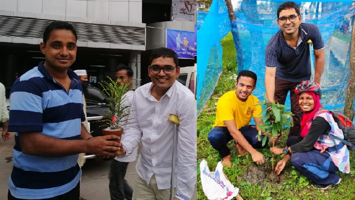 ভাঙা পা নিয়েই বাড়ি বাড়ি ছুটছেন গাছপাগল শাখাওয়াত