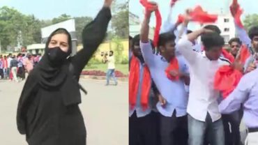 গেরুয়া মিছিলের বিরুদ্ধে একাই রুখে দাঁড়ালেন হিজাব পরা তরুণী (ভিডিও)