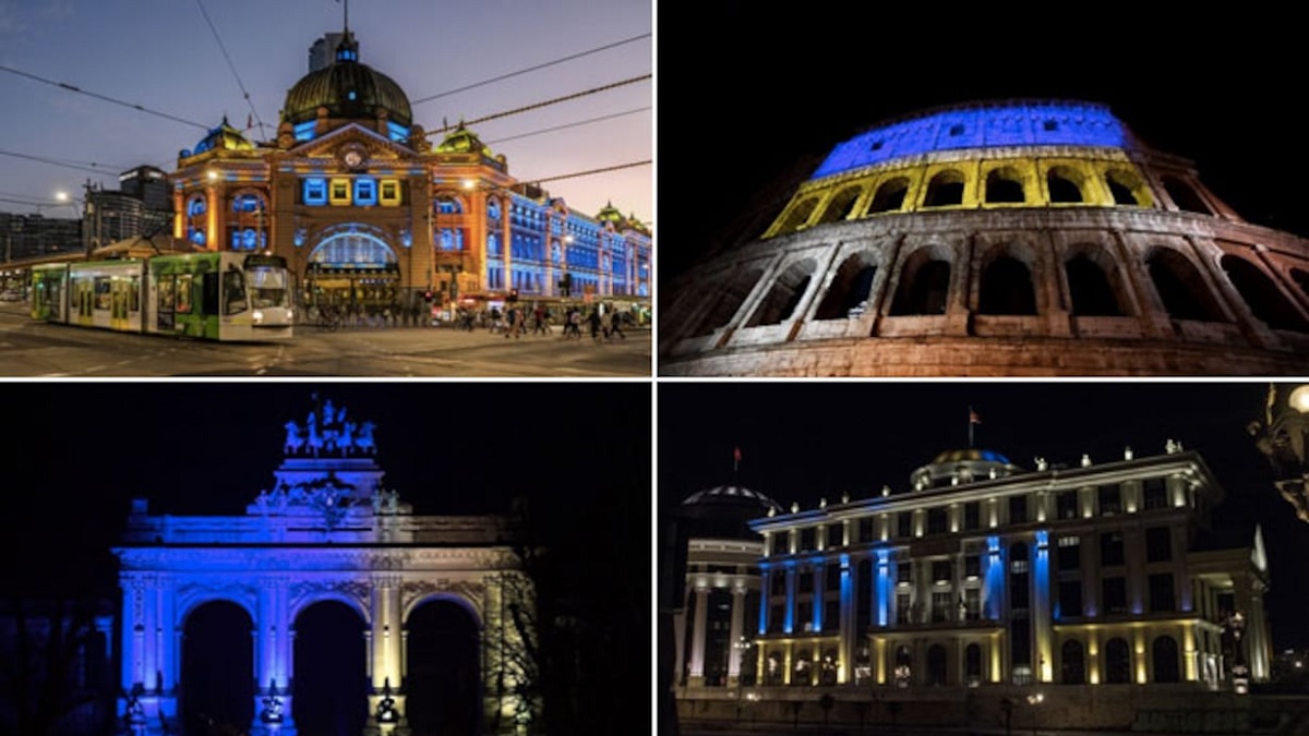 যুদ্ধের বর্ষপূর্তিতে বিশ্বখ্যাত সব স্থাপনায় ইউক্রেনের পতাকা