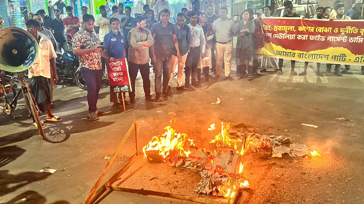 প্রস্তাবিত বাজেট প্রত্যাখ্যান, অর্থমন্ত্রীর প্রতীকী ব্রিফকেসে আগুন দিয়ে এবি পার্টির বিক্ষোভ