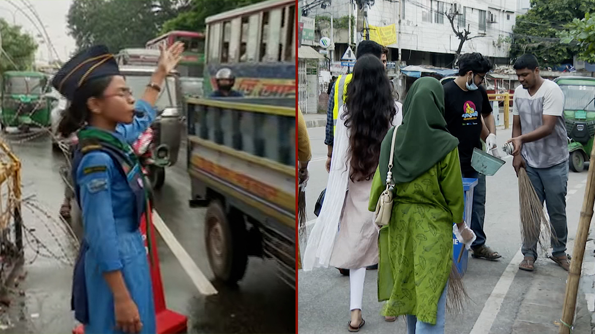 রাজধানীসহ দেশের বিভিন্ন স্থানে পরিচ্ছন্নতা ও ট্রাফিক নিয়ন্ত্রণ করছে শিক্ষার্থীরা